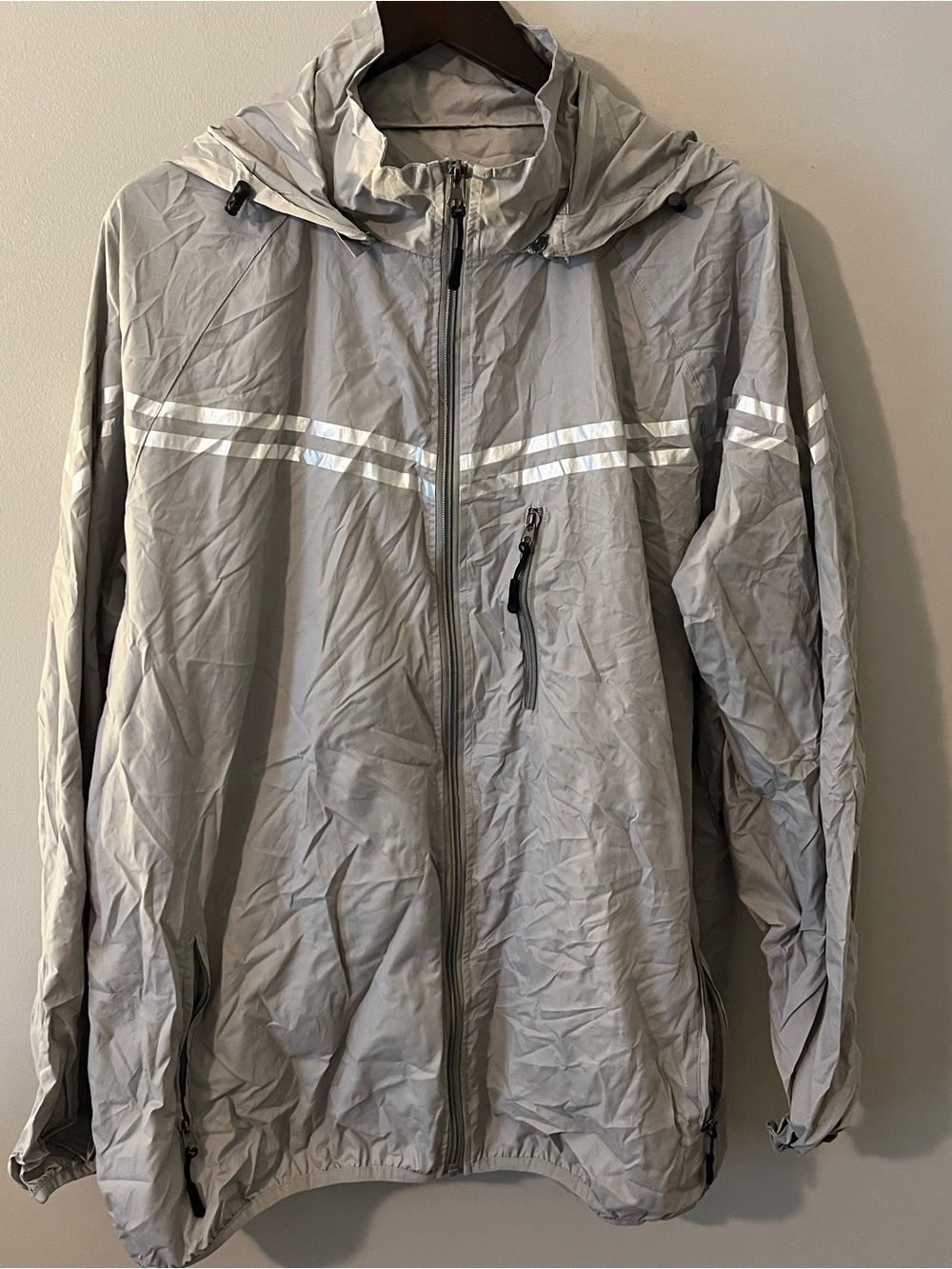 Men's Light Gray Reflective Hooded Windbreaker Jacket